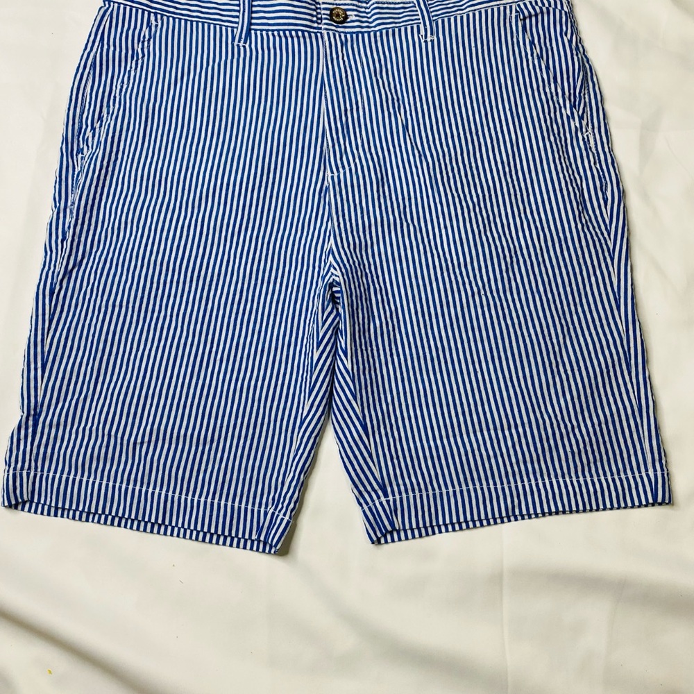 Blue and White Flat Front Seersucker Shorts